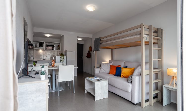 T2 standard avec pièce à vivre fonctionnelle et agréable. Séjour d’un appartement T2 standard avec belle luminosité.