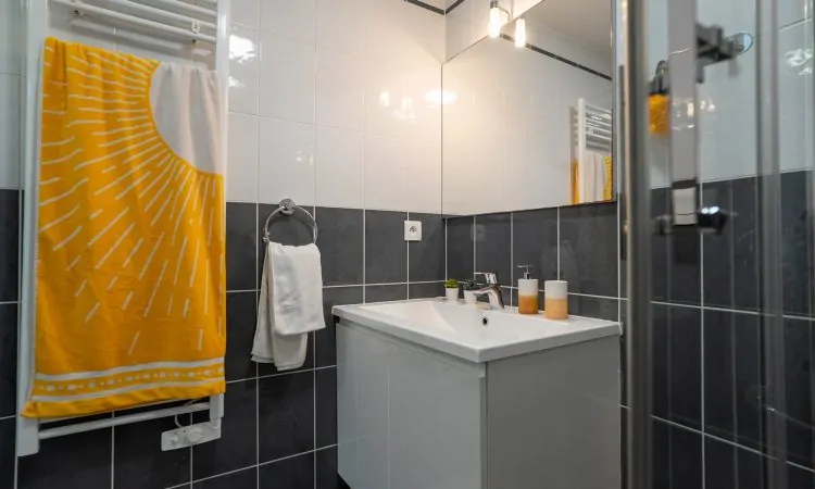 Salle de bain lumineuse d’un appartement T2 standard. T2 standard avec salle de bain simple et confortable.