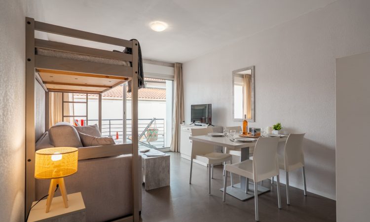 Pièce à vivre d’un T2 standard bien agencée. T2 standard avec salon clair et fonctionnel. Séjour d’un appartement T2 standard pensé pour le confort.