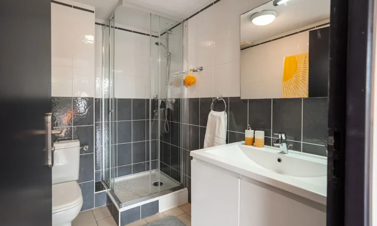 Salle de bain d’un studio animaux admis à la Résidence Plage Centrale à Hossegor avec douche moderne et aménagement pratique.